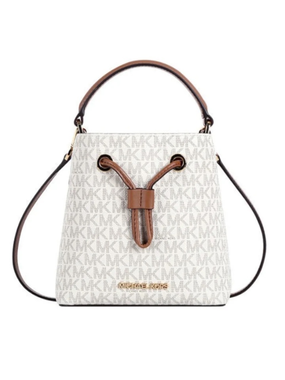Michael Kors Suri Small Logo Bucket Bag, Vanilla/Acorn Brown Purse, NWT